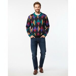 Vintage Cricket Lane Sweater‎ Mens M Argyle Retro Grandpa 80s 90s popover Collar